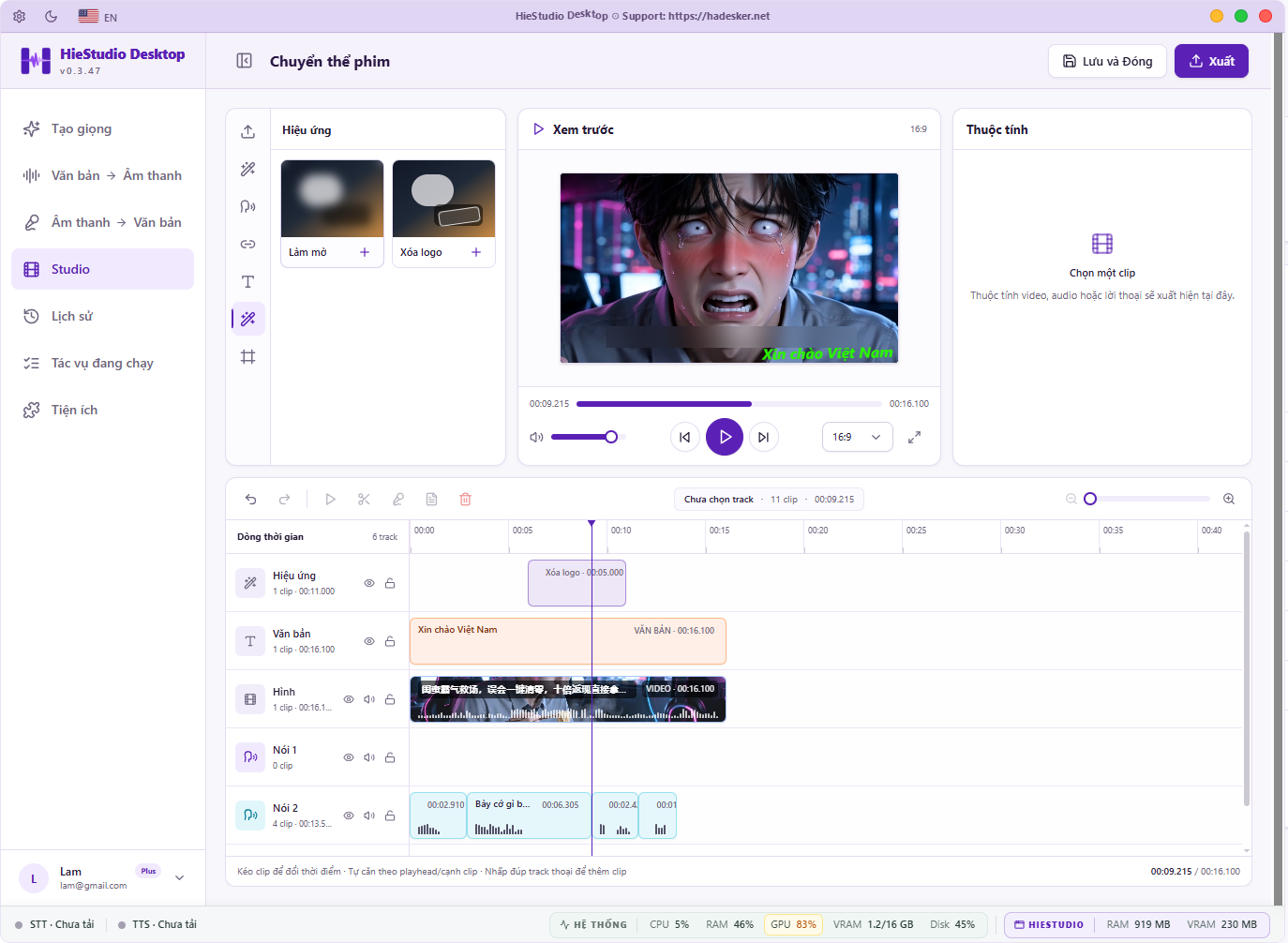 Studio HieStudio với preview, hiệu ứng, văn bản và timeline nhiều lớp